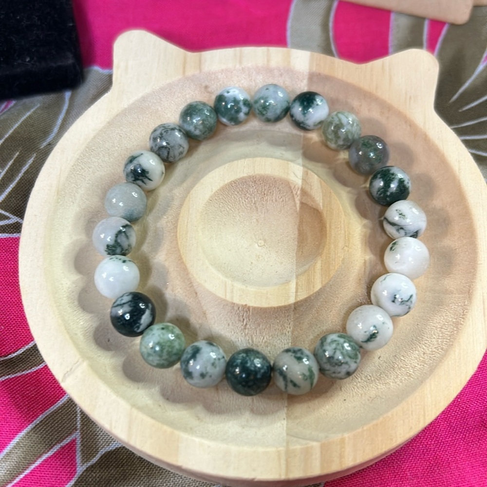 Natural Green Moss Agate Gemstone Beaded 8mm Stretch Handmade Bracelet
